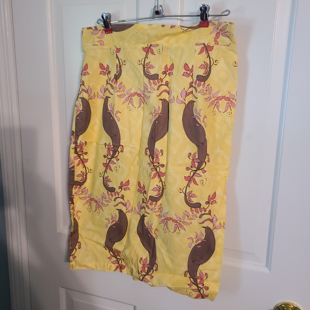 Shabby Apple Cotton Pencil Shirt Yellow with Plum Birds Medium